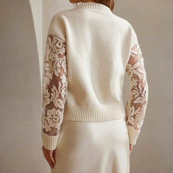 White Casual Women's Sexy Flower Jacquard Sheer Mesh Panel Sweater - Picture 2 of 7